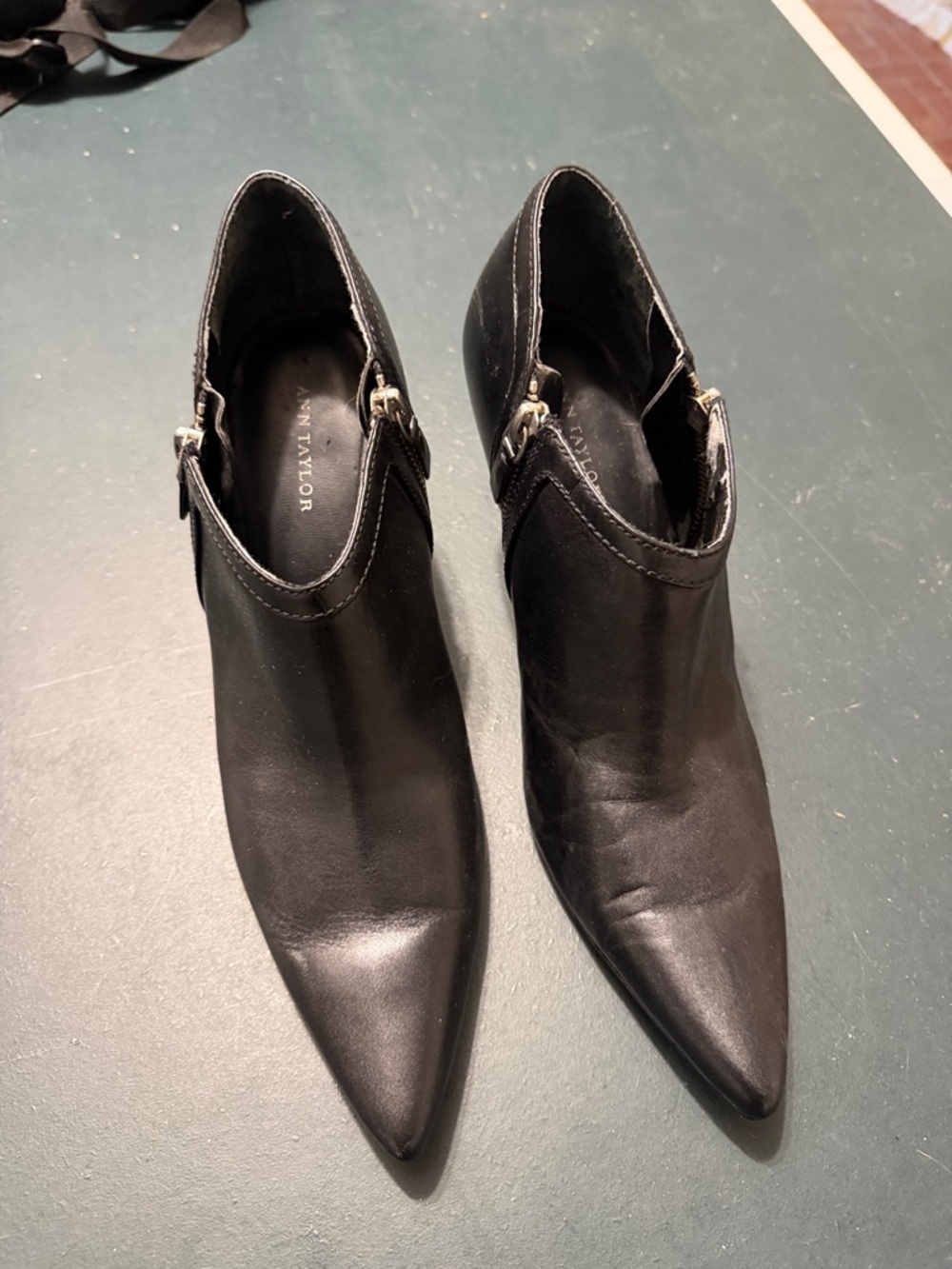 Ann Taylor Black Pointed Leather Ankle Booties with Side Buckle